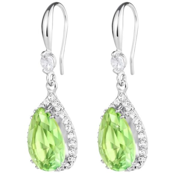 14K White Gold with Peridot Green Cubic Zirconia Teardrop Hook Dangle Earrings - Picture 2 of 5